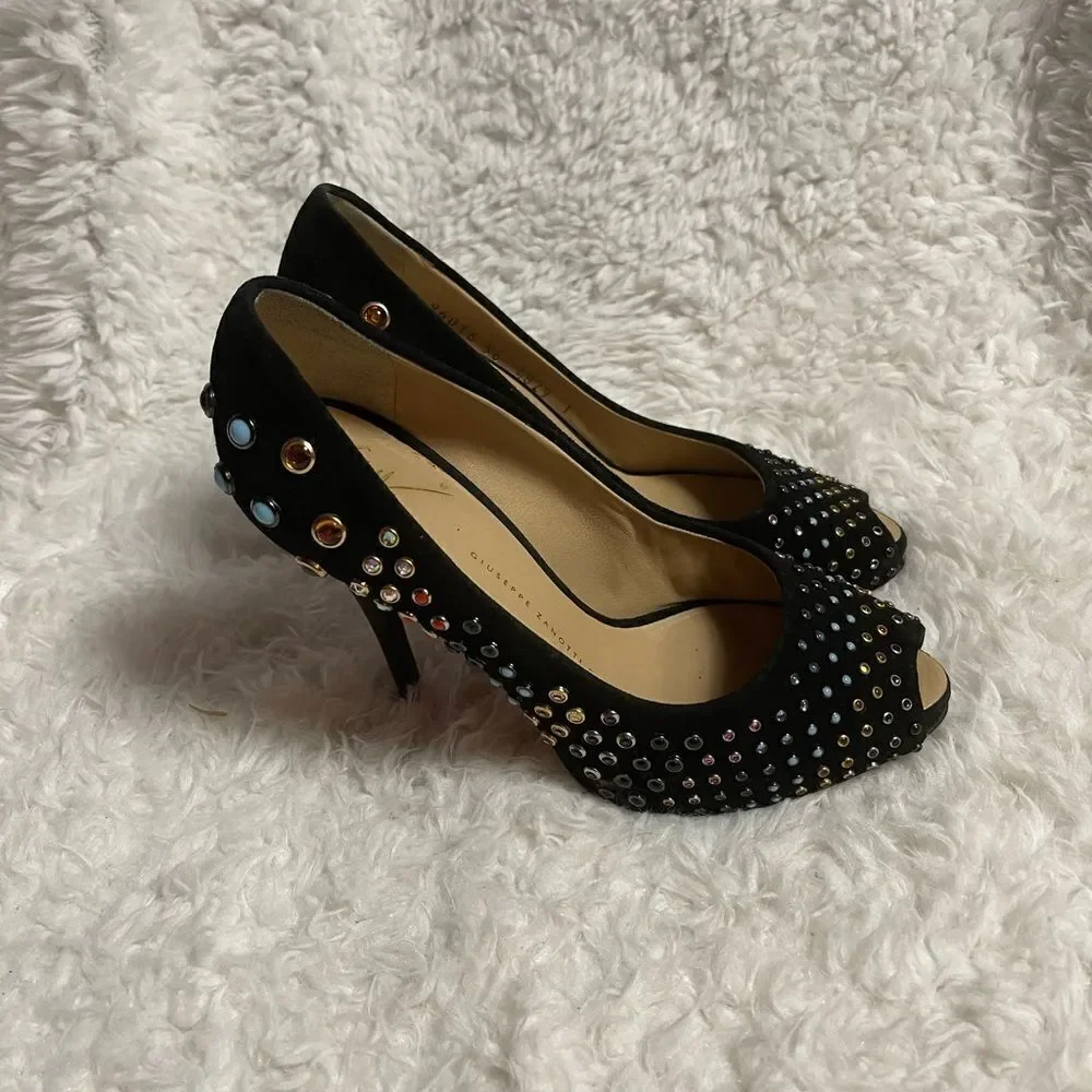 Giuseppe Zanotti Black Suede multi color  studs Peep Toe Platform Pumps EUR SZ37